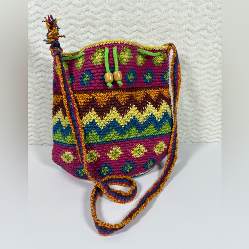 Bamboo Threads Handwoven Multicolor Crochet Crossbody Bag - Pink & Green